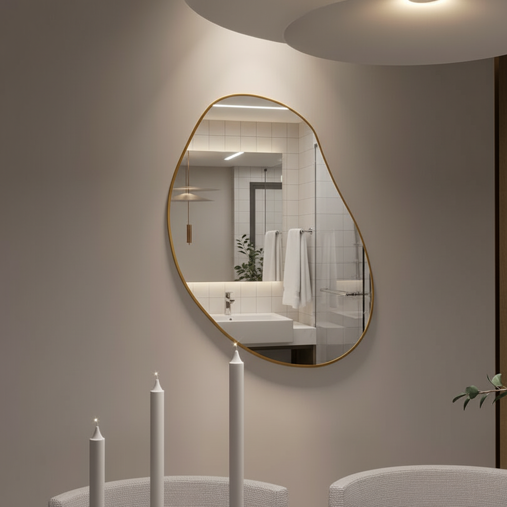 Modern Düzensiz Organik Form Duvar Aynası – Çerçeveli Dekoratif Banyo ve Salon Ayna Modeli