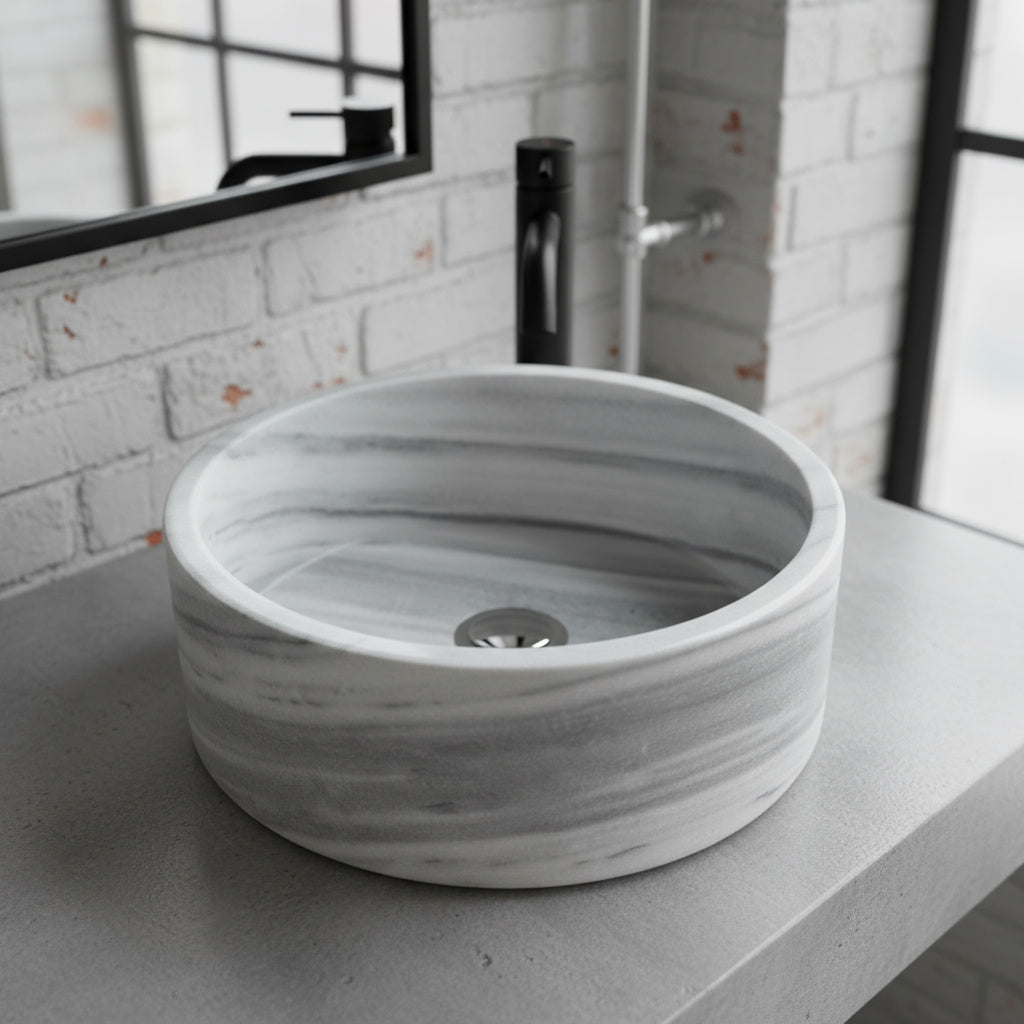 Grey Marmara Mermeri Yuvarlak Lavabo – El İşçiliği Doğal Taş Banyo Lavabosu (42×42×15 cm)