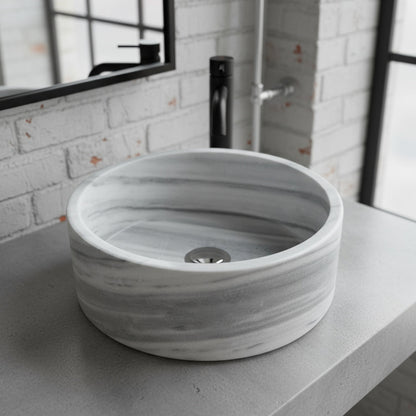 Grey Marmara Mermeri Yuvarlak Lavabo – El İşçiliği Doğal Taş Banyo Lavabosu (42×42×15 cm)