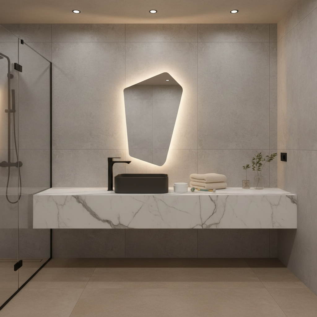 Asimetrik LED Işıklı Ayna – Minimal ve Şık Düzensiz Form Banyo Duvar Aynası
