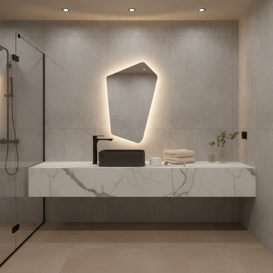 Asimetrik LED Işıklı Ayna – Minimal ve Şık Düzensiz Form Banyo Duvar Aynası