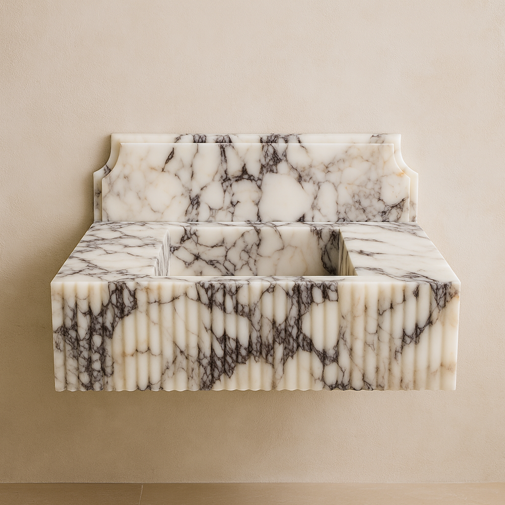 Calacatta Viola Mermer Çift Lavabolu Özel Tasarım Banyo Lavabosu – Fluted (Yivli) Blok Mermer Tezgâh Üstü Modeli – L90 × W50 × H30,5 cm