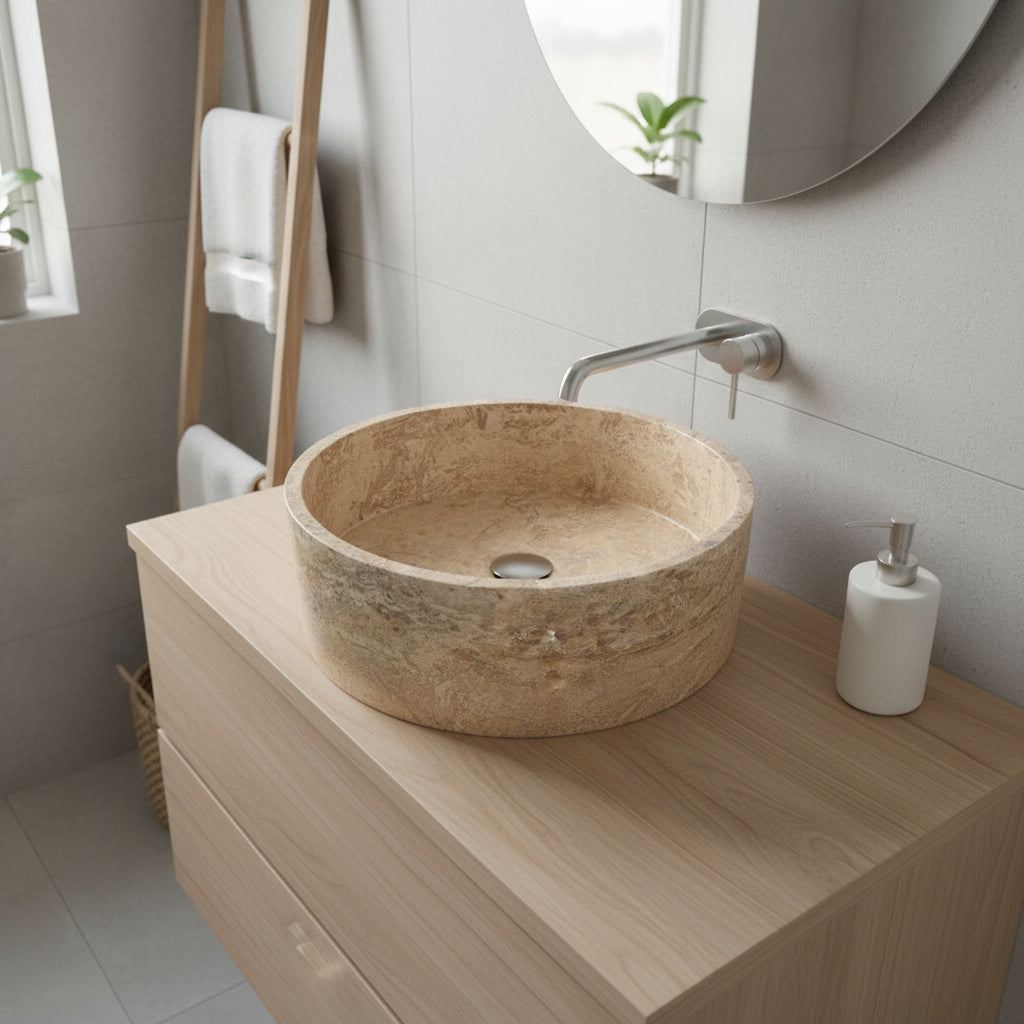 Traverten Marble Lavabo – Doğal Traverten Taş Tezgâh Üstü Banyo Lavabosu (L 43 × W 43 × H 15 cm)