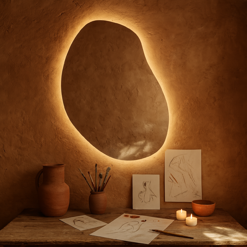 LED Işıklı Organik Banyo Aynası – Modern Asimetrik Tasarım, Arkadan Aydınlatmalı Dekoratif Ayna