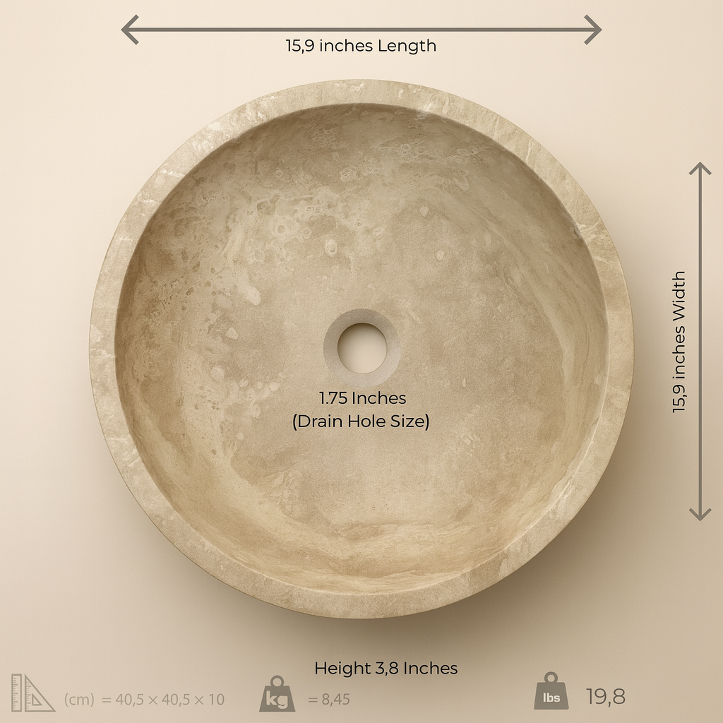 Light Travertine Mermer Lavabo – Doğal Traverten Taş Banyo Lavabosu | 40,5 × 40,5 × 10 cm