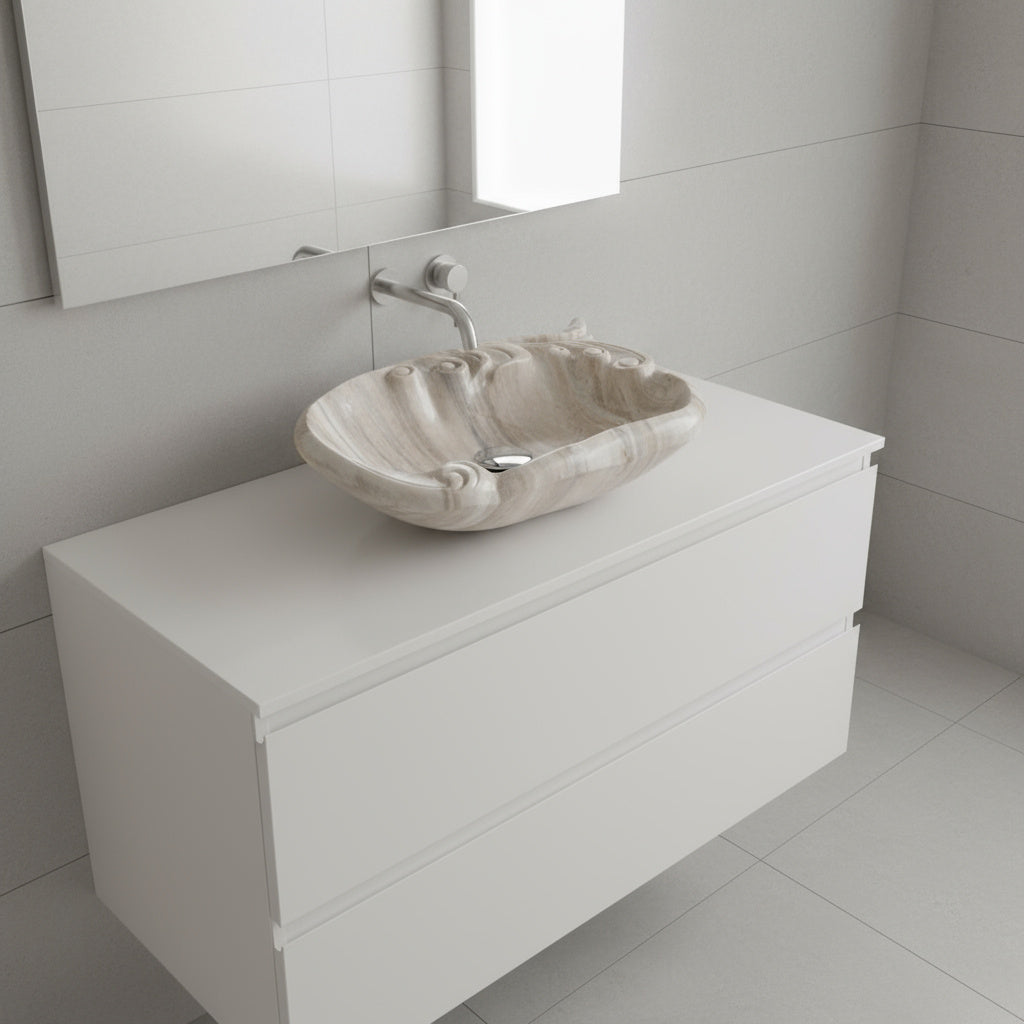 Silver Wave Marble Lavabo – Doğal Silver Wave Mermer Tezgâh Üstü Banyo Lavabosu (L 55 × W 55 × H 15 cm)
