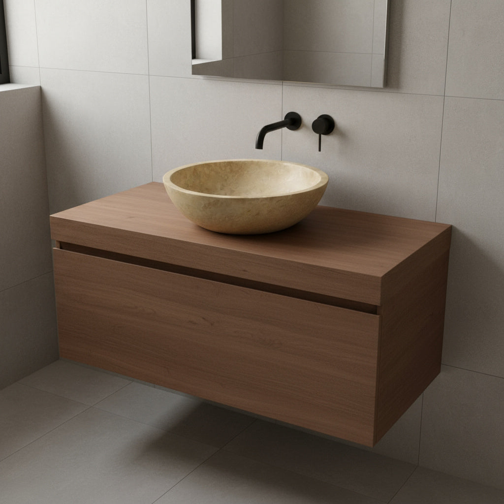 Light Travertine Mermer Lavabo – Doğal Traverten Taş Banyo Lavabosu | 40,5 × 40,5 × 10 cm