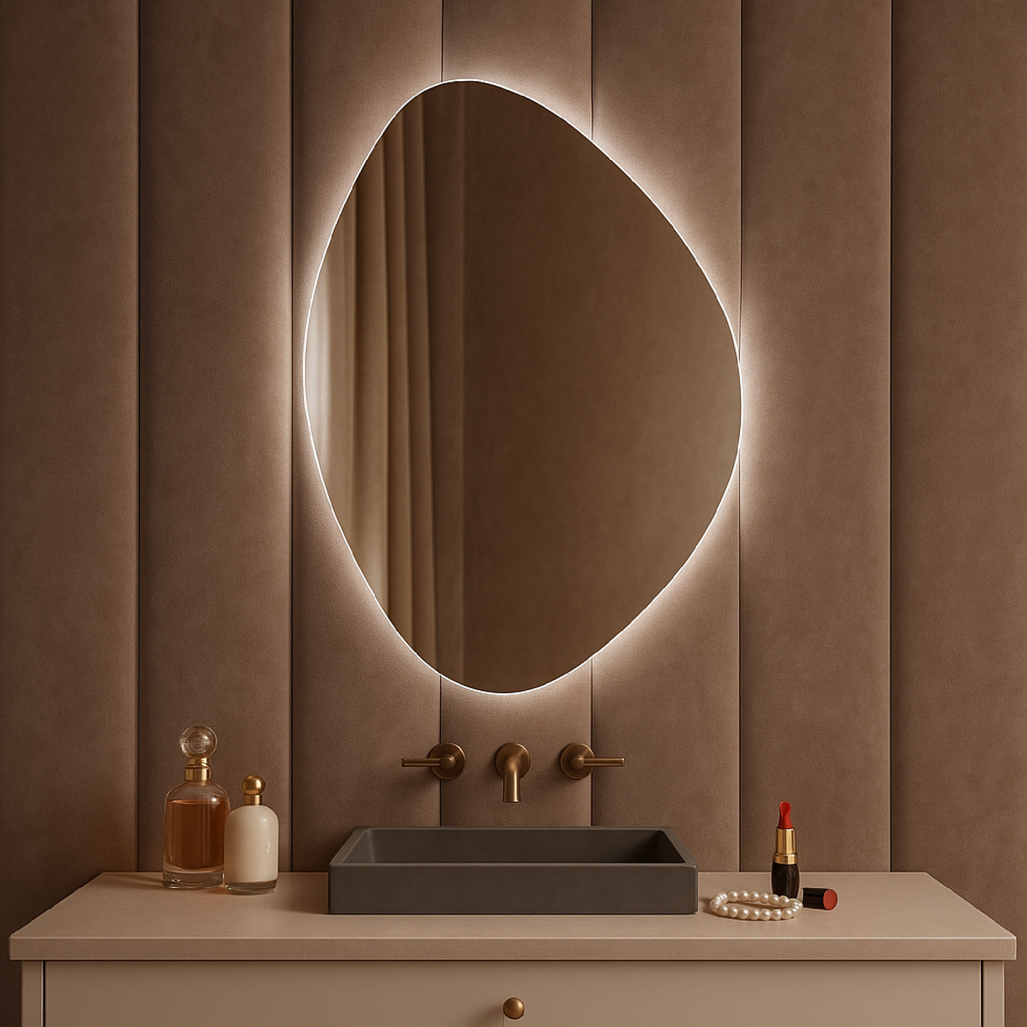 LED Işıklı Asimetrik Ayna – Modern Dekoratif Duvar Aynası, Arkadan Aydınlatmalı Banyo & Salon Aynası