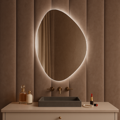 LED Işıklı Asimetrik Ayna – Modern Dekoratif Duvar Aynası, Arkadan Aydınlatmalı Banyo & Salon Aynası