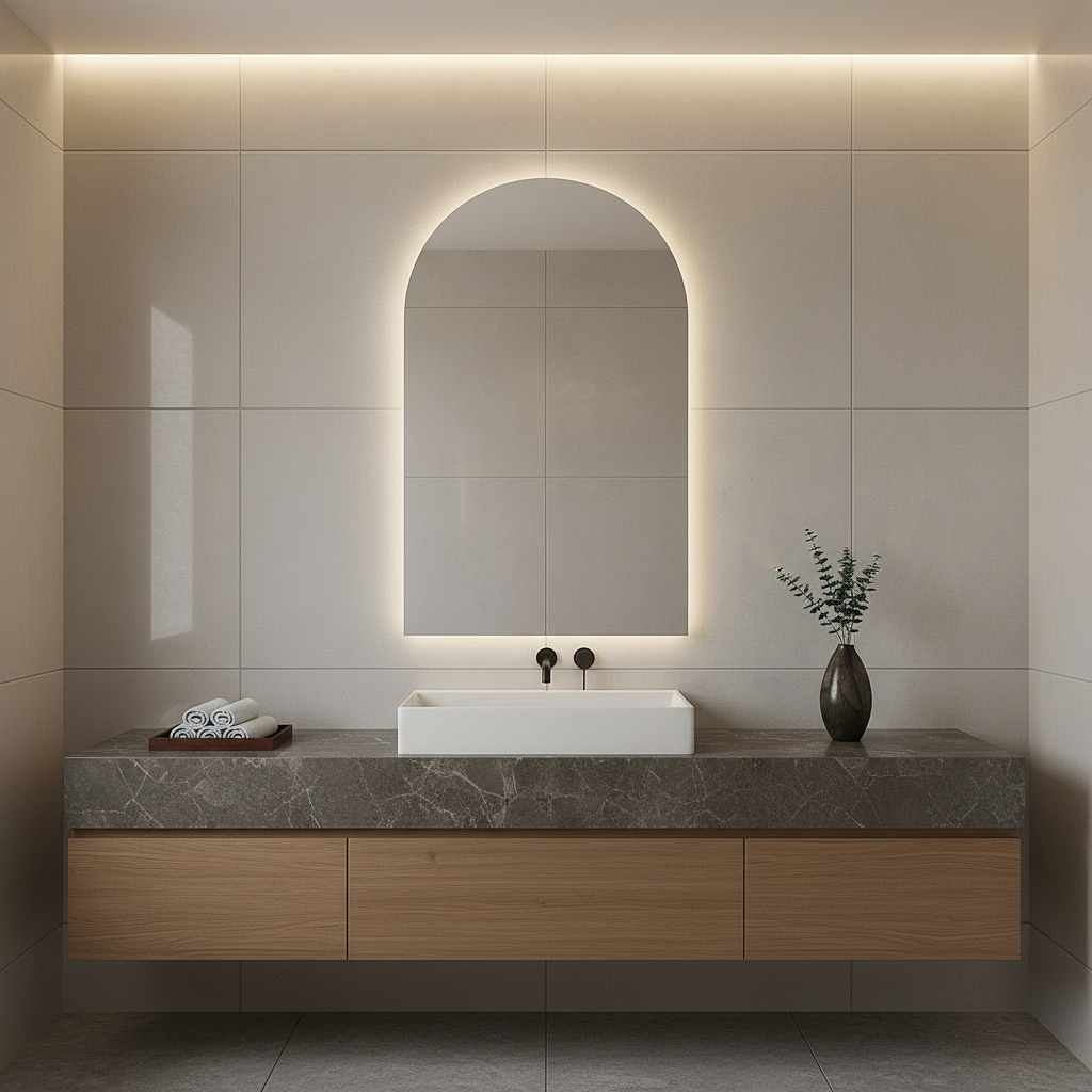 Modern LED Işıklı Kemer Banyo Aynası – Arkadan Aydınlatmalı Arch Ayna, Minimalist ve Şık Banyo Dekoru
