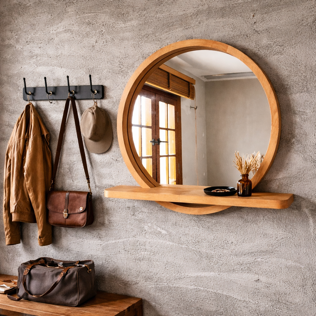 Raflı Masif Kayın Ağacı Yuvarlak Ayna – İskandinav Tarzı Antre ve Banyo Aynası