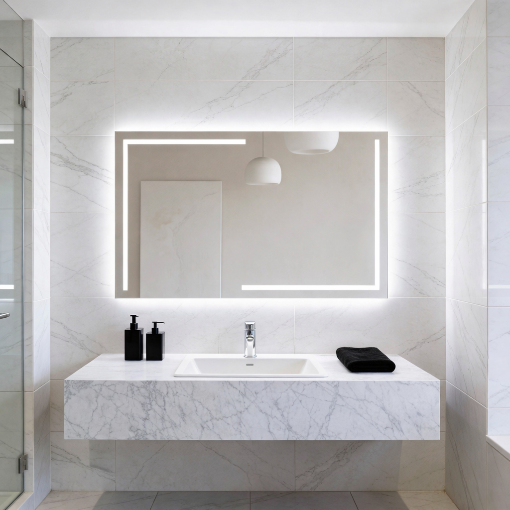Lüks Geometrik LED Işıklı Ayna – Minimalist Siyah ve Altın Işık Efektli Dikdörtgen Ayna