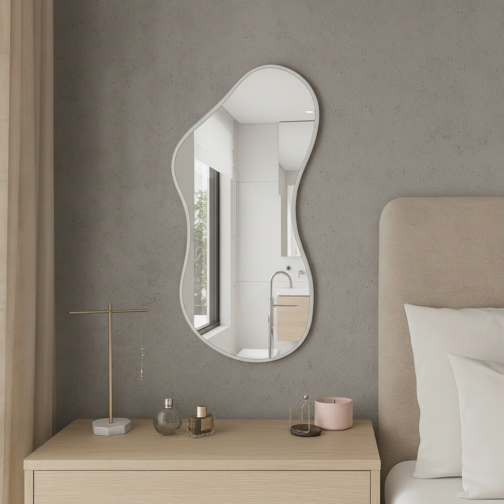 Modern Organik Şekilli Dekoratif Banyo Aynası – Çerçeveli Düzensiz Tasarım Ayna | Minimalist & Japandi Duvar Aynası