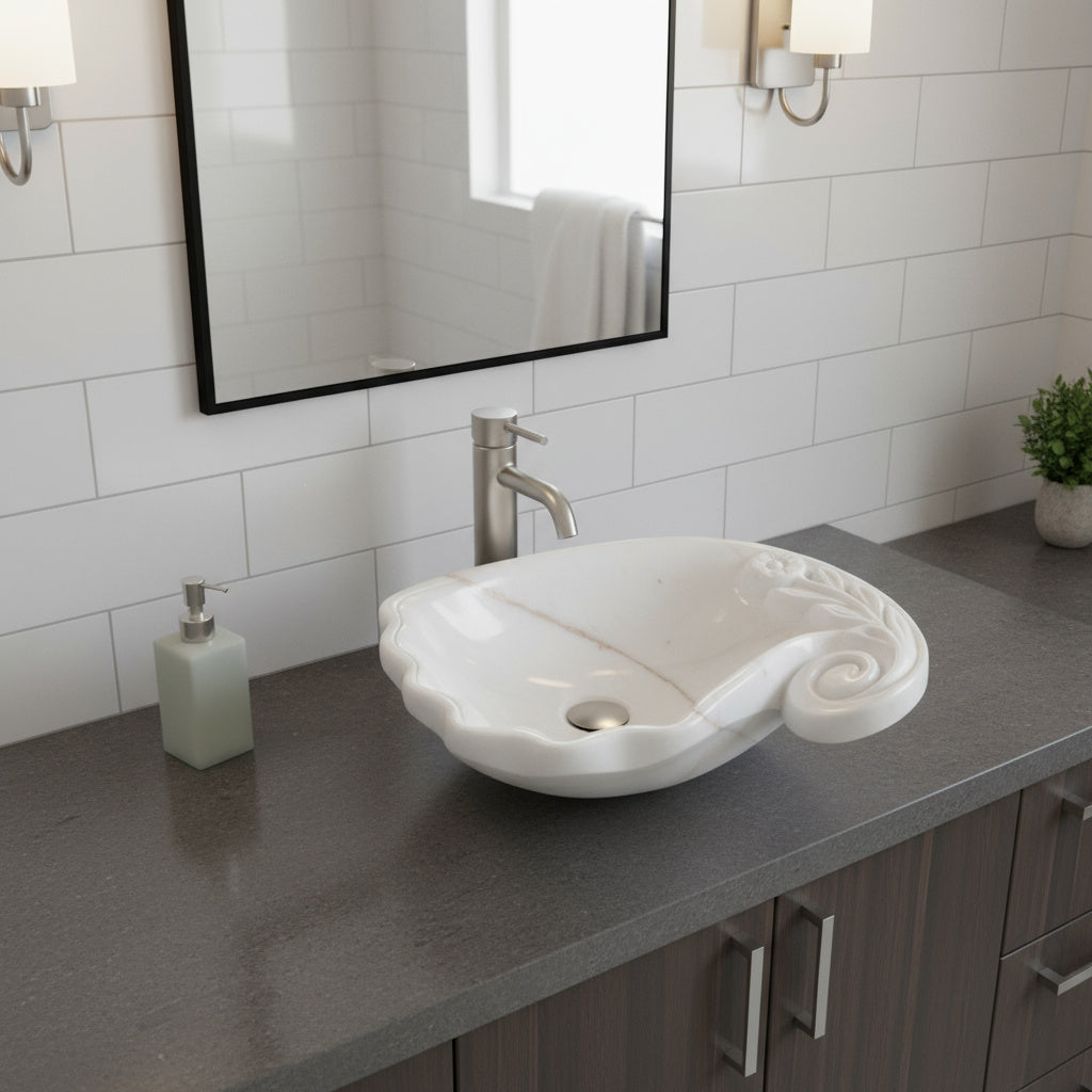 White Marble Lavabo – Doğal Beyaz Mermer Tezgâh Üstü Banyo Lavabosu (L 60 × W 40 × H 15 cm)