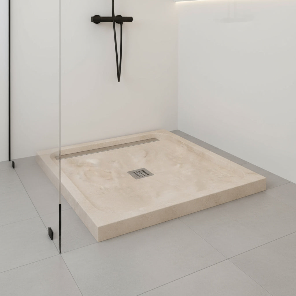 Troia Light Traverten Dikdörtgen – Doğal Taş Traverten Banyo Duş Tabanı (161×88×8 cm)