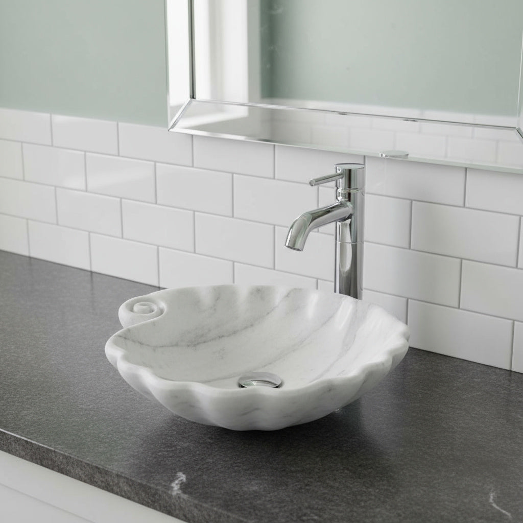 Beyaz Mermer Lavabo – Doğal Beyaz Mermer Tezgâh Üstü Banyo Lavabosu (L 45 × W 45 × H 15 cm)