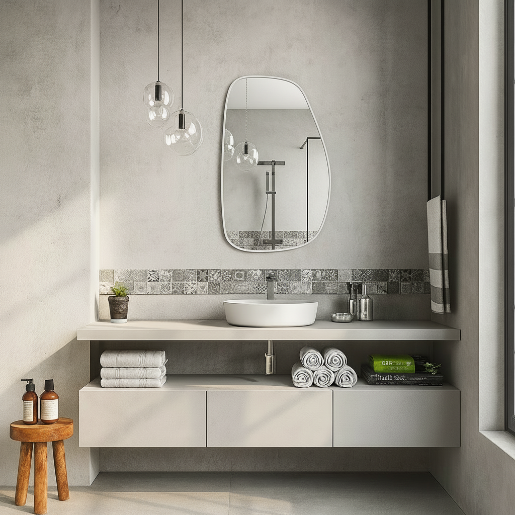 Modern Organik Form Banyo Aynası – Çerçeveli Asimetrik Duvar Aynası | Minimalist Şık Dekor Ayna