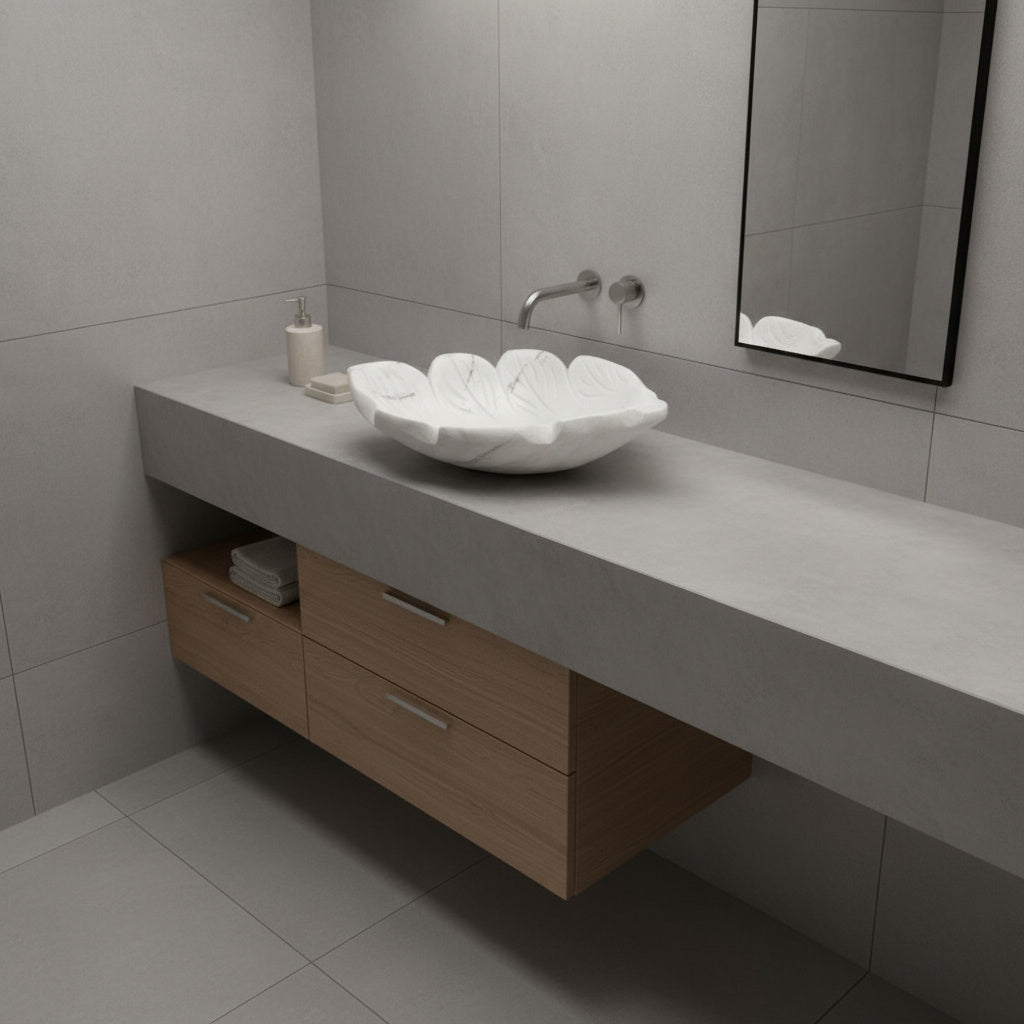 El Yapımı Mermer Yaprak Formu Lavabo – Doğal Taş Banyo Tezgâh Üstü Lavabo