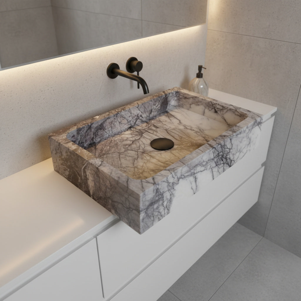 Lilac Mermer Dikdörtgen Lavabo – El Yapımı Doğal Taş Banyo Lavabosu (60×40×12 cm)