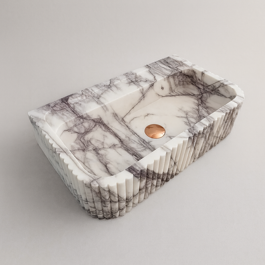 New York Mermer Duvara Monte Banyo Lavabosu – Dikdörtgen Fluted Tasarım | L61 × W36 × H15 cm