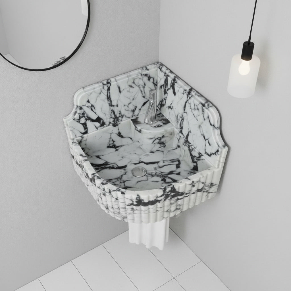 Calacatta Viola Mermer Duvar Tipi Köşe Lavabo – El Yapımı Lüks Köşe Mermeri Lavabo (41×41×20 cm)