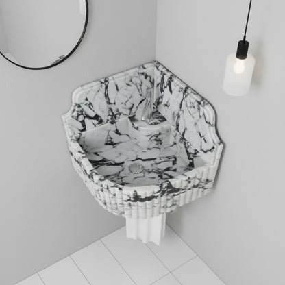 Calacatta Viola Mermer Duvar Tipi Köşe Lavabo – El Yapımı Lüks Köşe Mermeri Lavabo (41×41×20 cm)