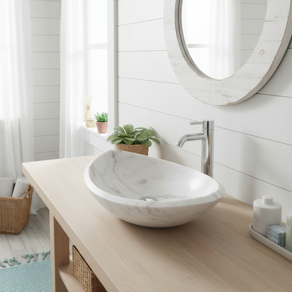 Carrara White Marble Lavabo – Doğal Carrara Beyaz Mermer Tezgâh Üstü Banyo Lavabosu (L 55 × W 45 × H 13 cm)