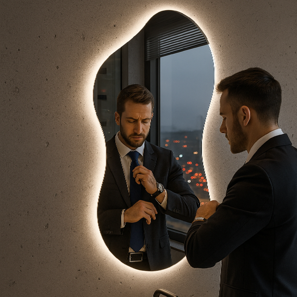 Asimetrik LED Ayna | Modern Dekoratif Duvar ve Banyo Aynası | Organik Form Işıklı Ayna Tasarımı