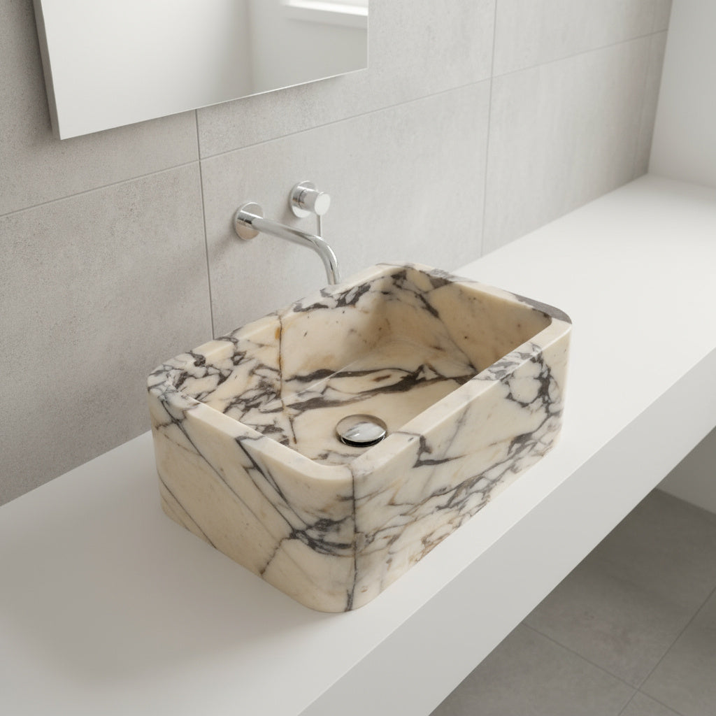 Calacatta Viola Mermer Lavabo – El Yapımı Dikdörtgen Banyo Lavabosu | L45 × W30 × H15 cm