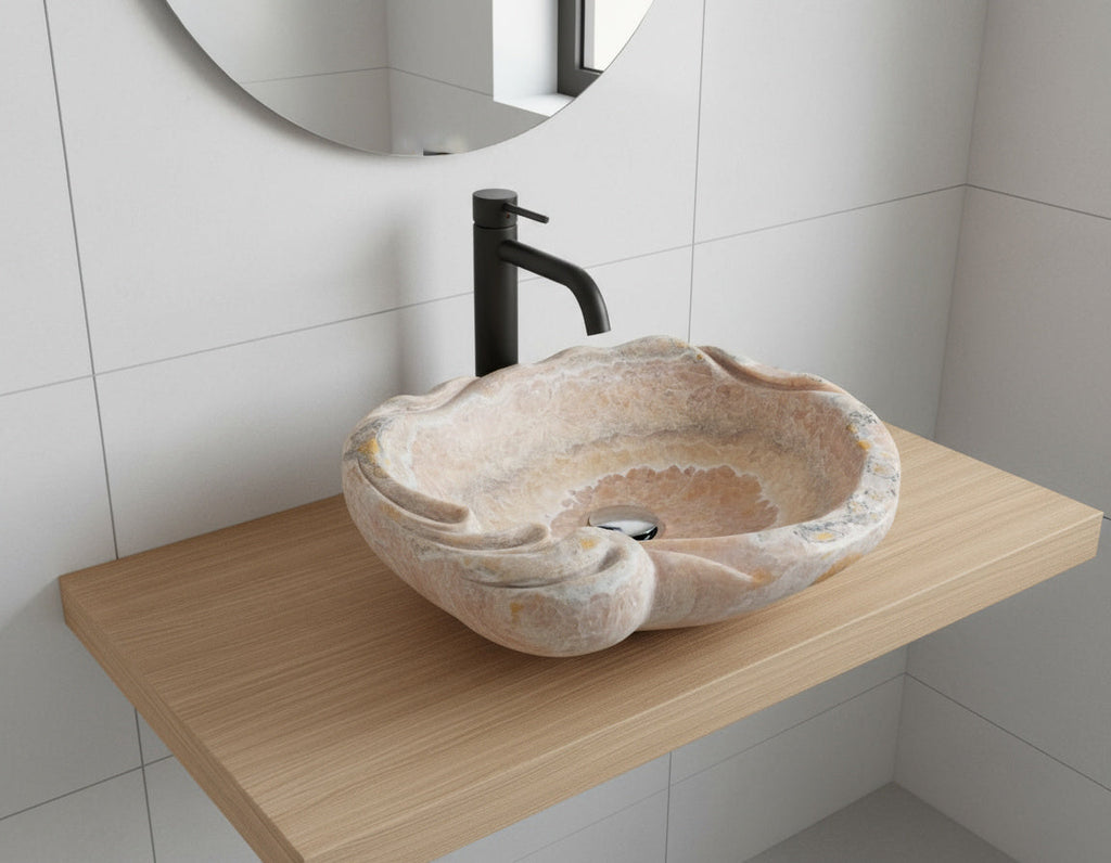 Rose Onyx Marble Lavabo – Doğal Rose Onyx Mermer Tezgâh Üstü Banyo Lavabosu (L 55 × W 50 × H 15 cm)