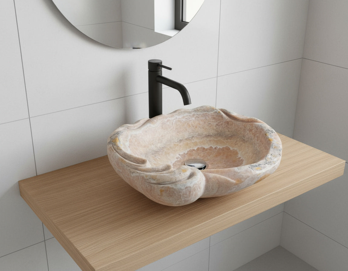Rose Onyx Marble Lavabo – Doğal Rose Onyx Mermer Tezgâh Üstü Banyo Lavabosu (L 55 × W 50 × H 15 cm)