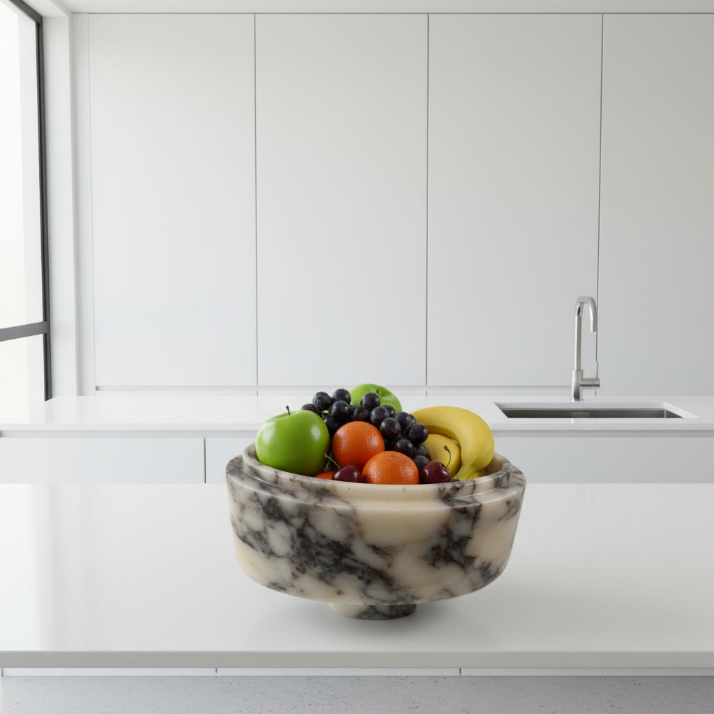 Premium Mermer Meyve Kasesi – Dekoratif Taş Sunum Standı