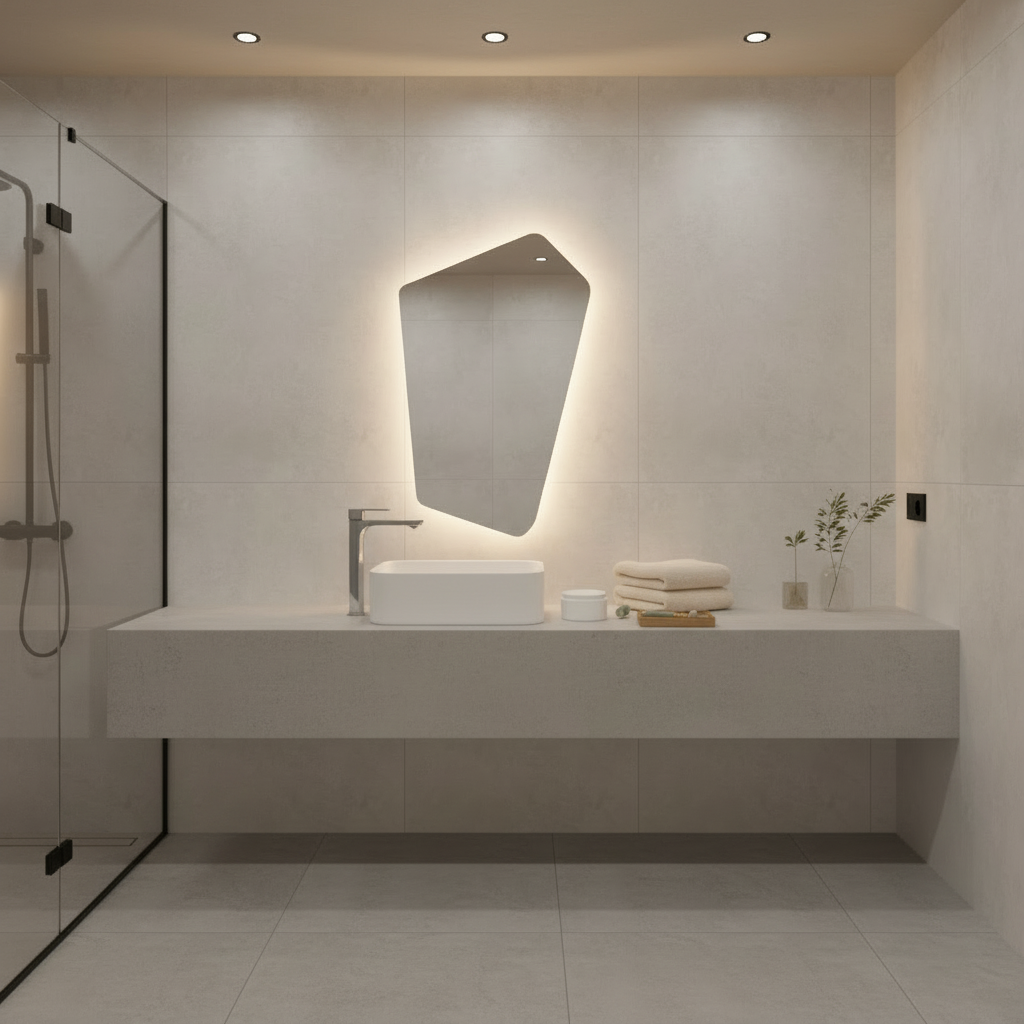 Asimetrik LED Işıklı Ayna – Minimal ve Şık Düzensiz Form Banyo Duvar Aynası