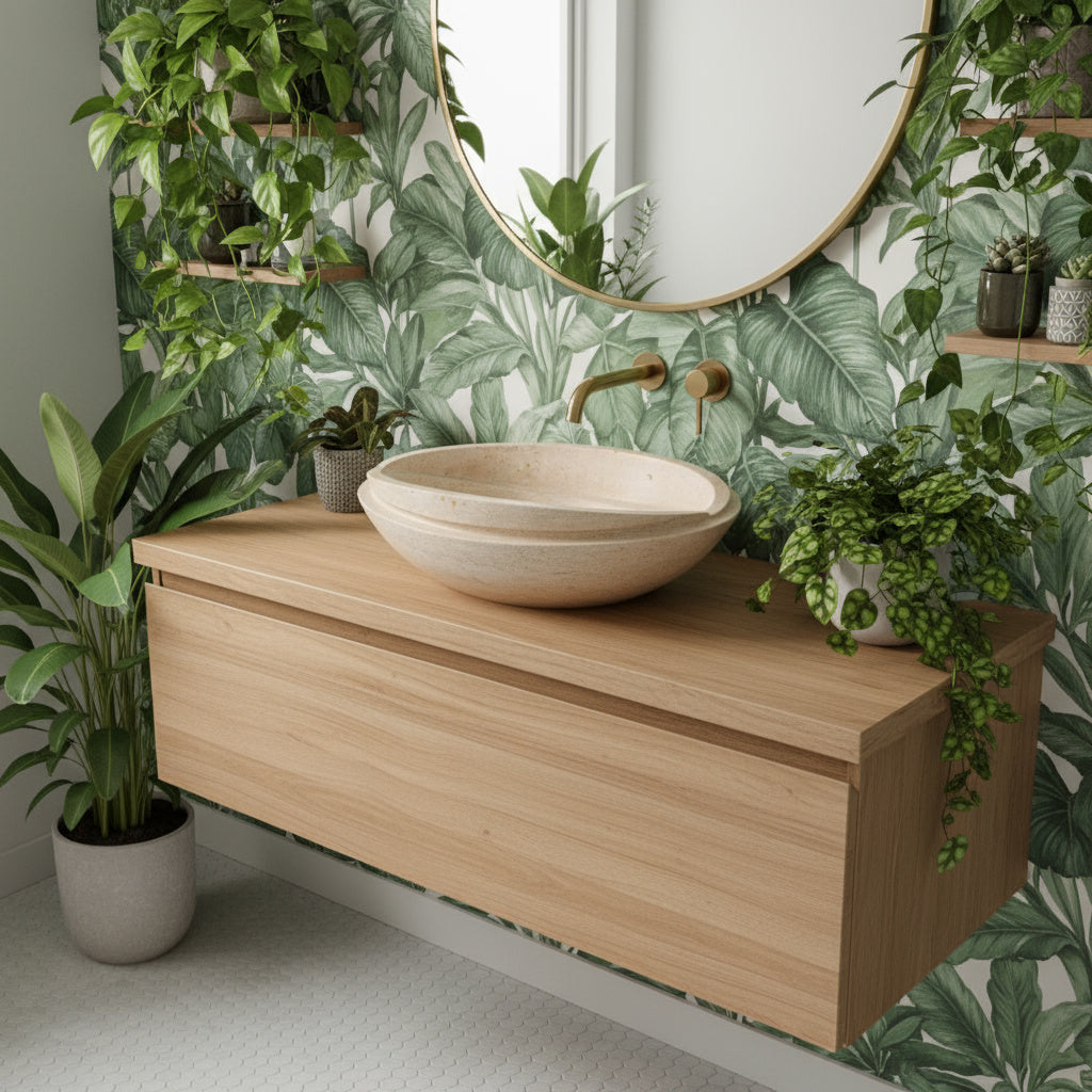 Beige Travertine Marble Lavabo – Doğal Bej Traverten Mermer Tezgâh Üstü Banyo Lavabosu (L 40 × W 40 × H 14 cm)