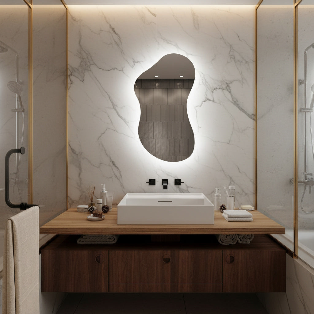 Asimetrik LED Ayna | Modern Dekoratif Duvar ve Banyo Aynası | Organik Form Işıklı Ayna Tasarımı