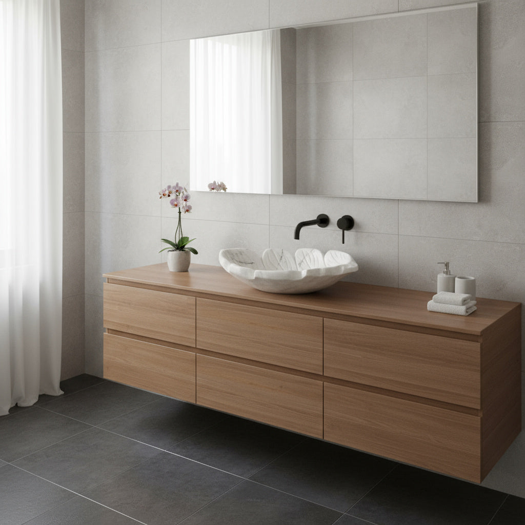 El Yapımı Mermer Yaprak Formu Lavabo – Doğal Taş Banyo Tezgâh Üstü Lavabo