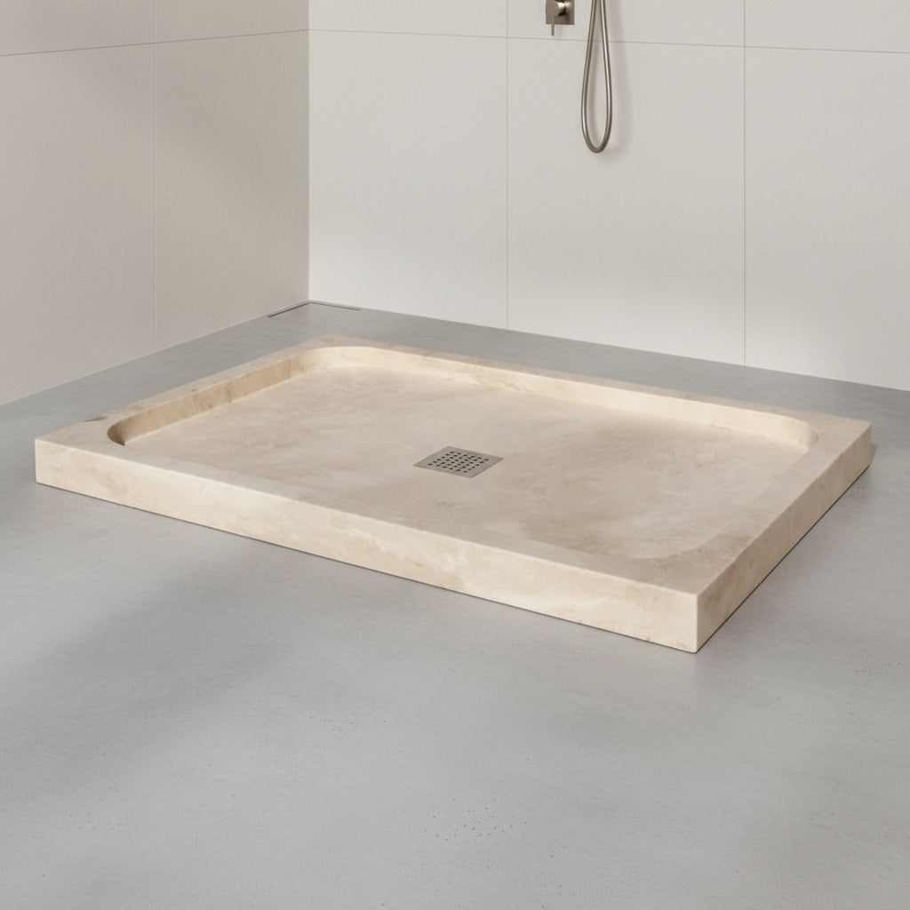 Troia Light Traverten Dikdörtgen – Doğal Taş Traverten Banyo Duş Tabanı (161×88×8 cm)