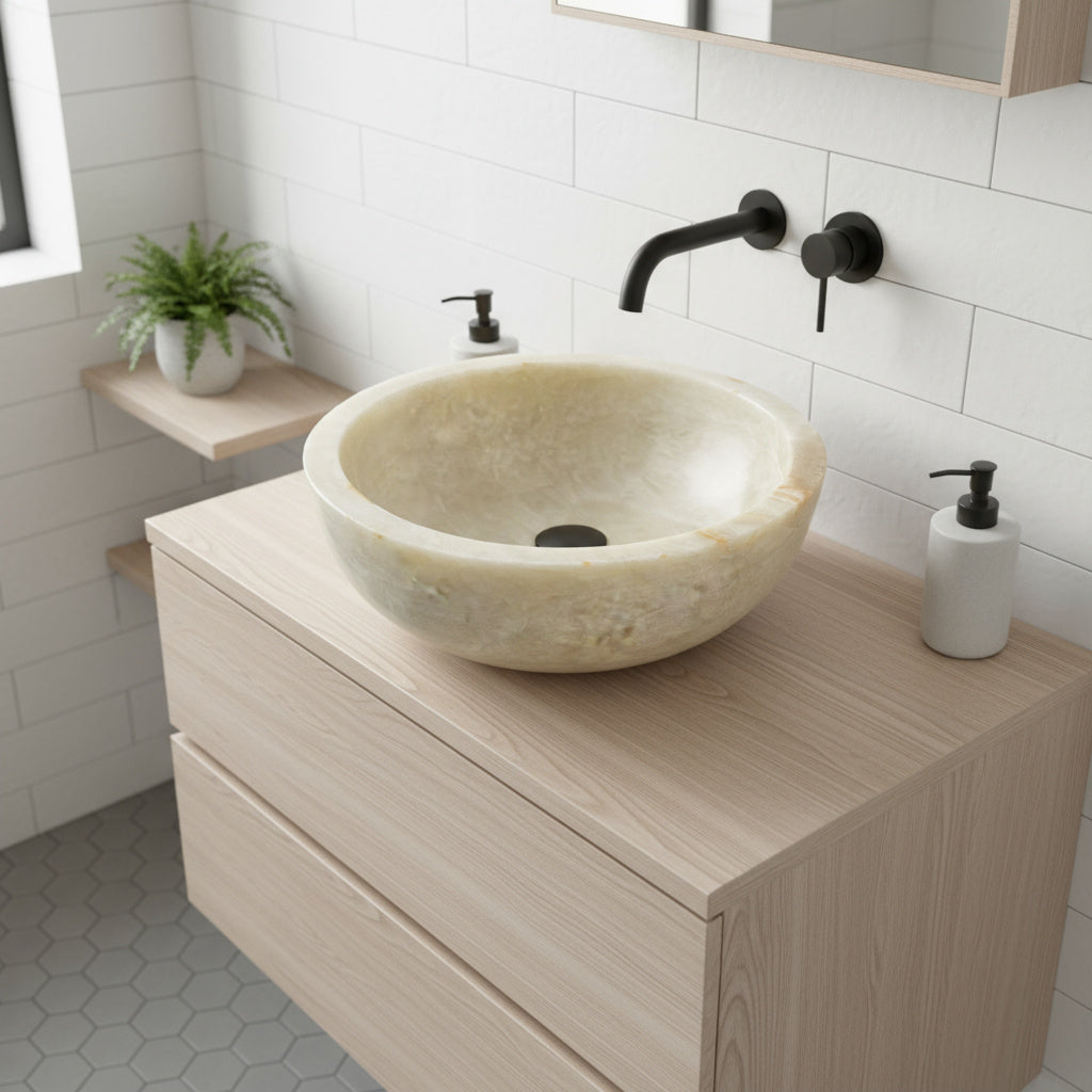 Oniks Mermer Yuvarlak Lavabo – Doğal Taş El Yapımı Oniks Banyo Lavabosu (40×40×15 cm)