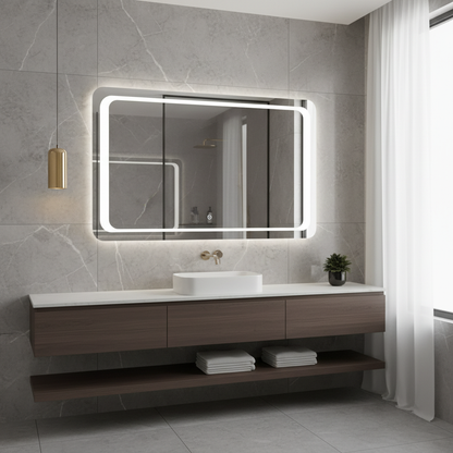 LED Işıklı Dikdörtgen Ayna – Köşe Yuvarlak Tasarım, Modern Banyo ve Makyaj Alanı İçin