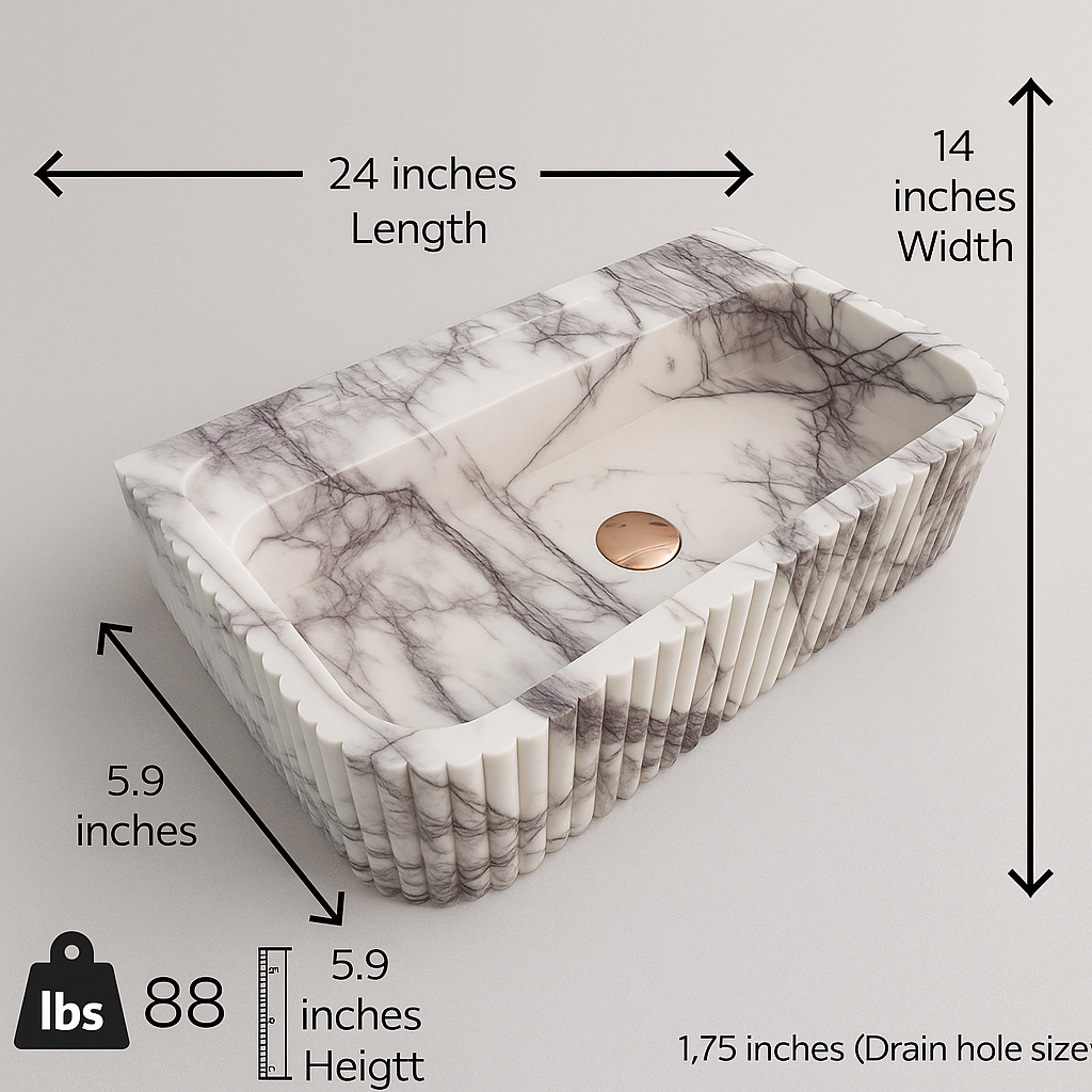 New York Mermer Duvara Monte Banyo Lavabosu – Dikdörtgen Fluted Tasarım | L61 × W36 × H15 cm