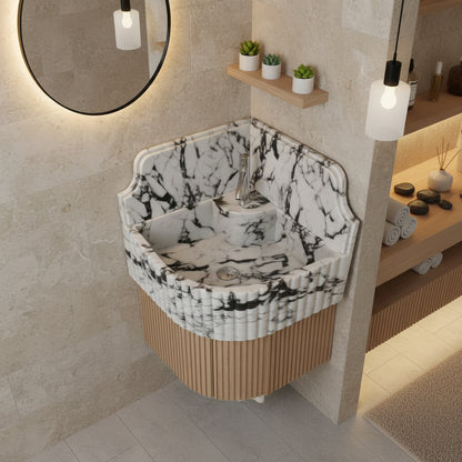 Calacatta Viola Mermer Duvar Tipi Köşe Lavabo – El Yapımı Lüks Köşe Mermeri Lavabo (41×41×20 cm)