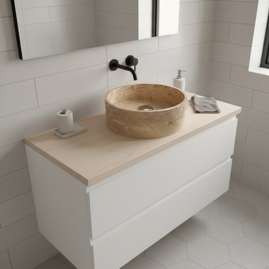 Traverten Marble Lavabo – Doğal Traverten Taş Tezgâh Üstü Banyo Lavabosu (L 43 × W 43 × H 15 cm)