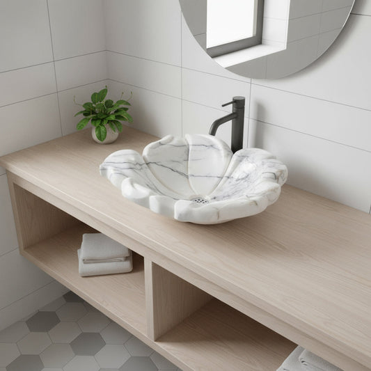 White Marble Lavabo – Doğal Panda White Mermer Tezgâh Üstü Banyo Lavabosu (L 57 × W 50 × H 14 cm)