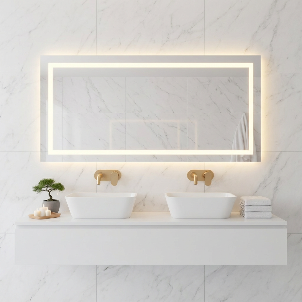 Büyük LED Işıklı Dikdörtgen Banyo Aynası – Modern Çerçevesiz Tasarım, Touch ve Duvar Anahtarlı