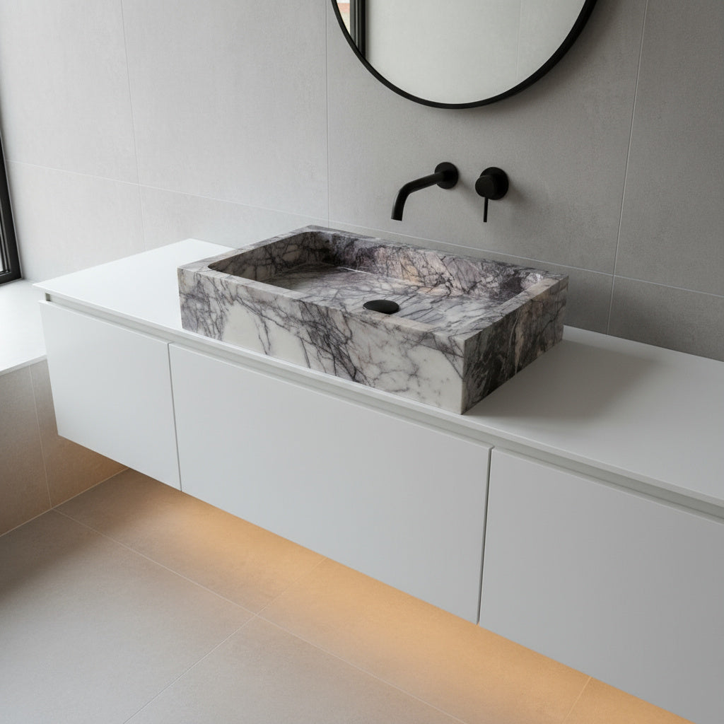 Lilac Mermer Dikdörtgen Lavabo – El Yapımı Doğal Taş Banyo Lavabosu (60×40×12 cm)