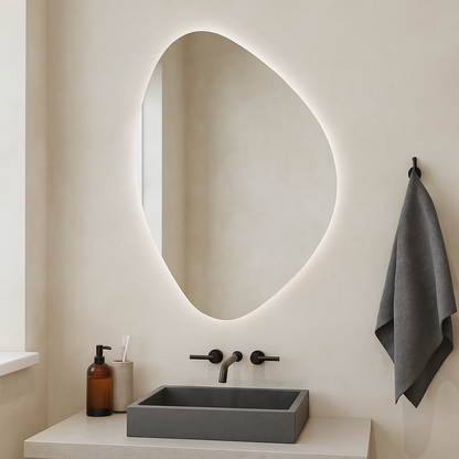 LED Işıklı Asimetrik Ayna – Modern Dekoratif Duvar Aynası, Arkadan Aydınlatmalı Banyo & Salon Aynası