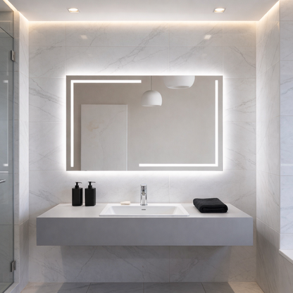 Lüks Geometrik LED Işıklı Ayna – Minimalist Siyah ve Altın Işık Efektli Dikdörtgen Ayna