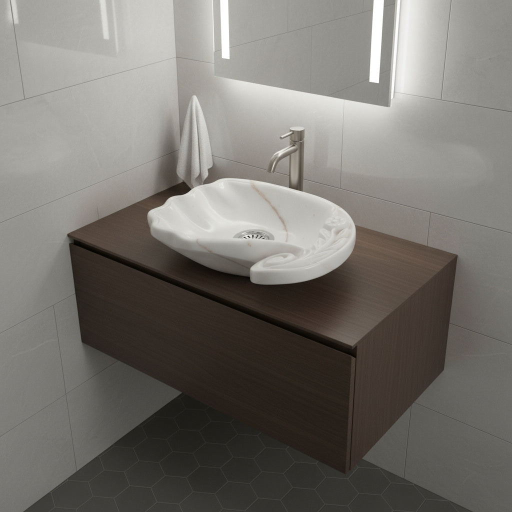 White Marble Lavabo – Doğal Beyaz Mermer Tezgâh Üstü Banyo Lavabosu (L 60 × W 40 × H 15 cm)