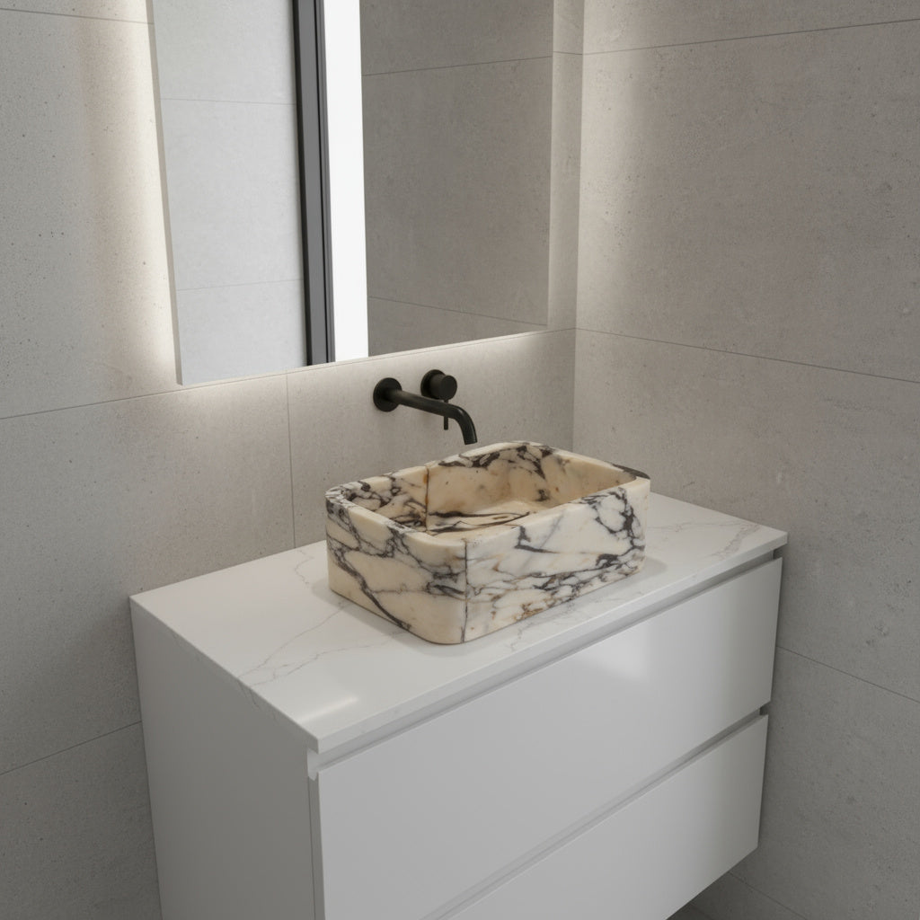 Calacatta Viola Mermer Lavabo – El Yapımı Dikdörtgen Banyo Lavabosu | L45 × W30 × H15 cm
