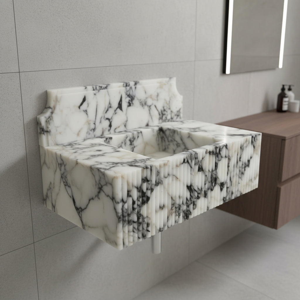 Calacatta Viola Mermer Çift Lavabolu Özel Tasarım Banyo Lavabosu – Fluted (Yivli) Blok Mermer Tezgâh Üstü Modeli – L90 × W50 × H30,5 cm